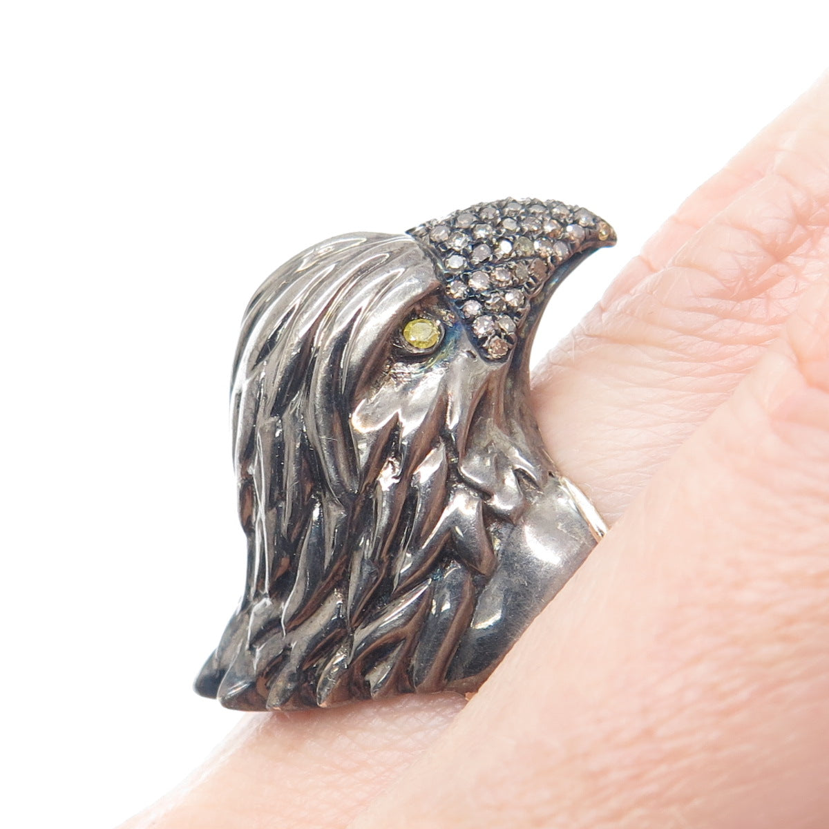 925 Sterling Silver Black Rhodium & 14K Gold Real Diamond Eagle Ring Size 7.5