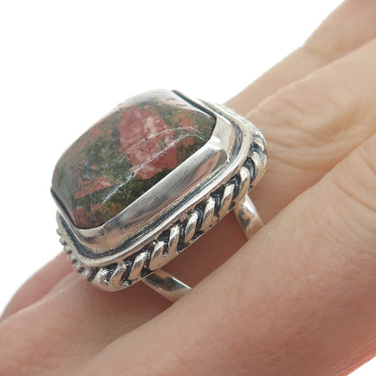 925 Sterling Silver Vintage Real Cushion-Cut Unakite Roped Bezel Ring Size 8.25