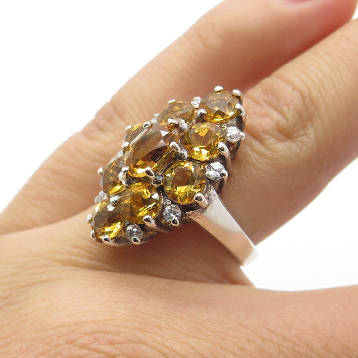 925 Sterling Silver Real Citrine Gemstone & C Z Statement Ring Size 5.75