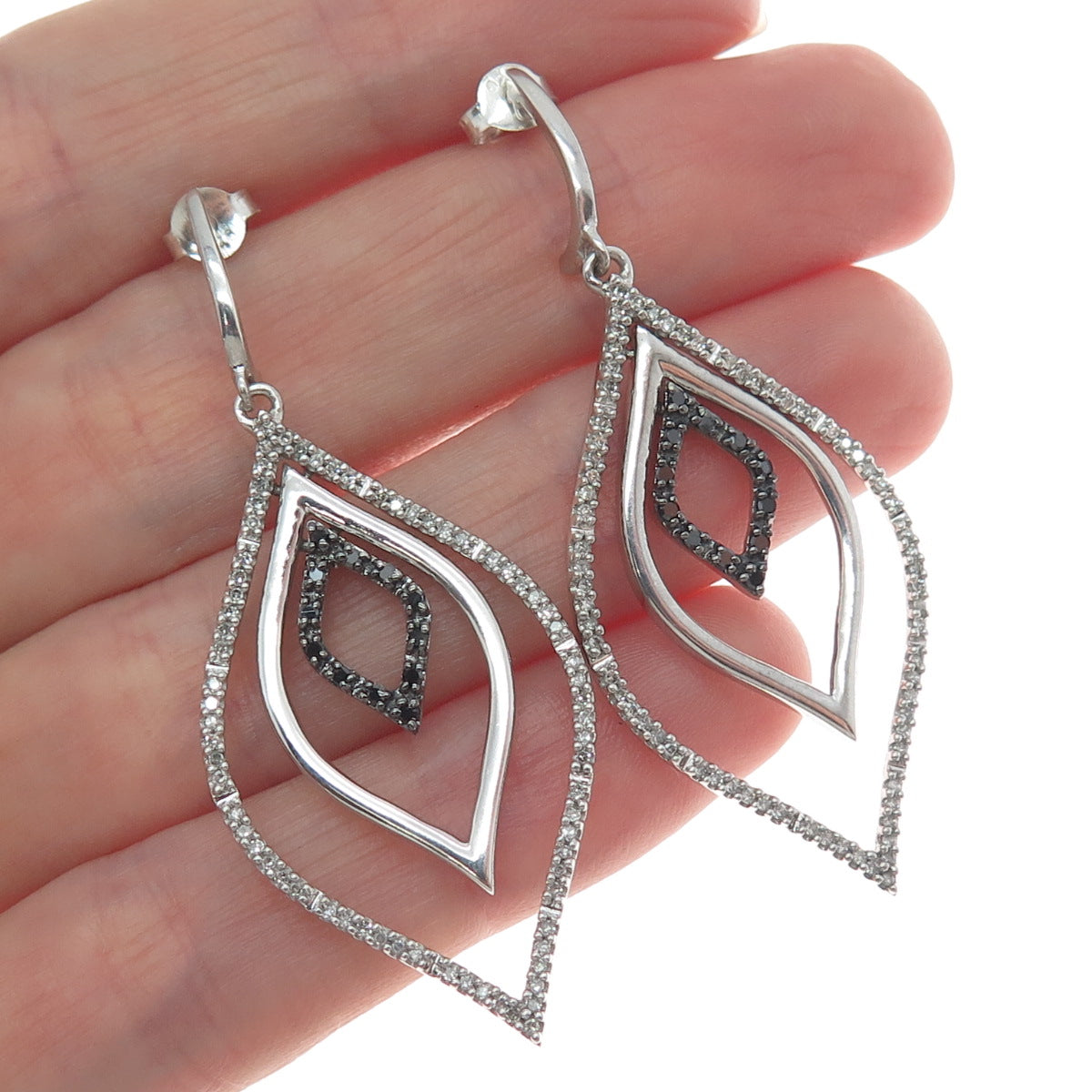 925 Sterling Silver Real Round-Cut Black & White Diamond Dangle Earrings