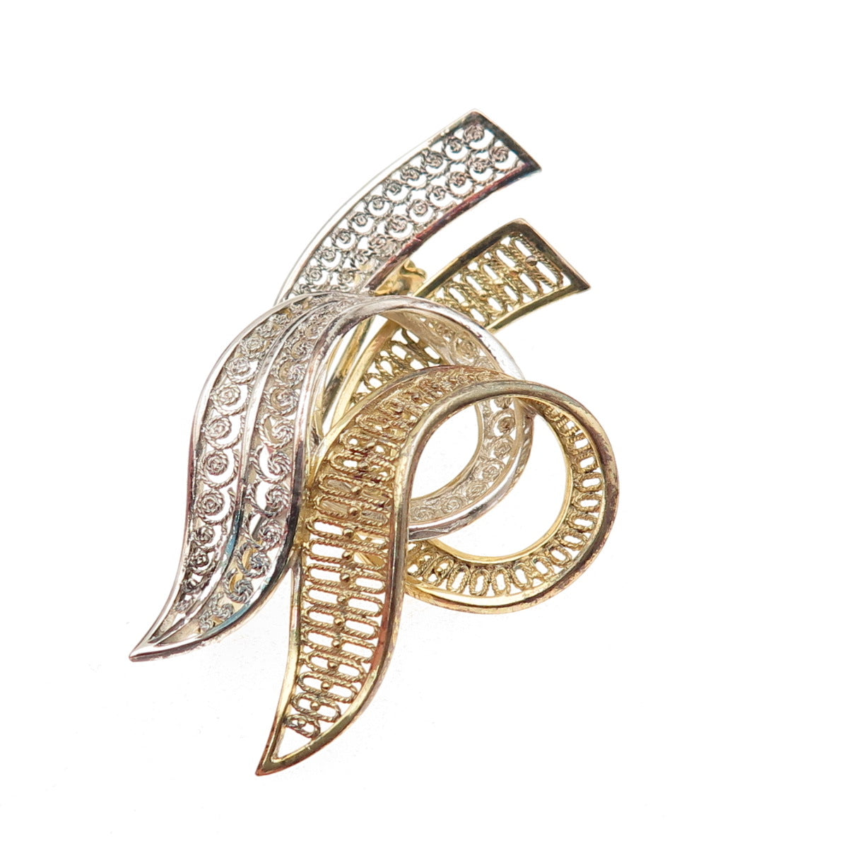 800 Silver 2-Tone Vintage Ribbon Filigree Pin Brooch