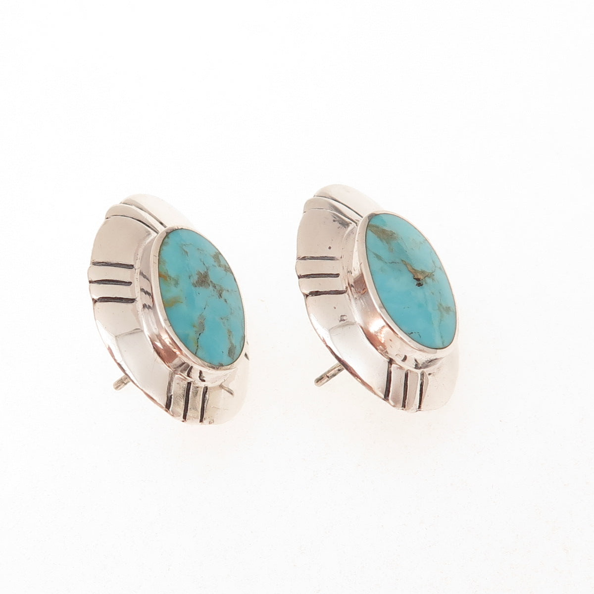 Bocco 925 Sterling Silver Vintage Real Turquoise Modernist Oxidized Earrings