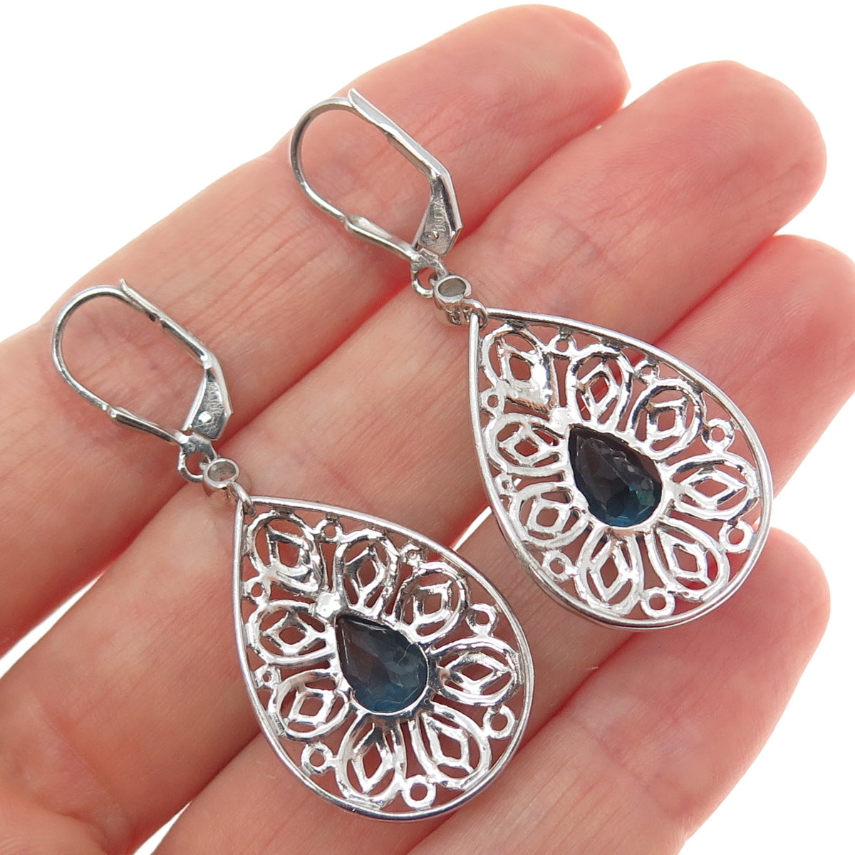 925 Sterling Silver Real London Blue & White Topaz Teardrop Dangle Earrings