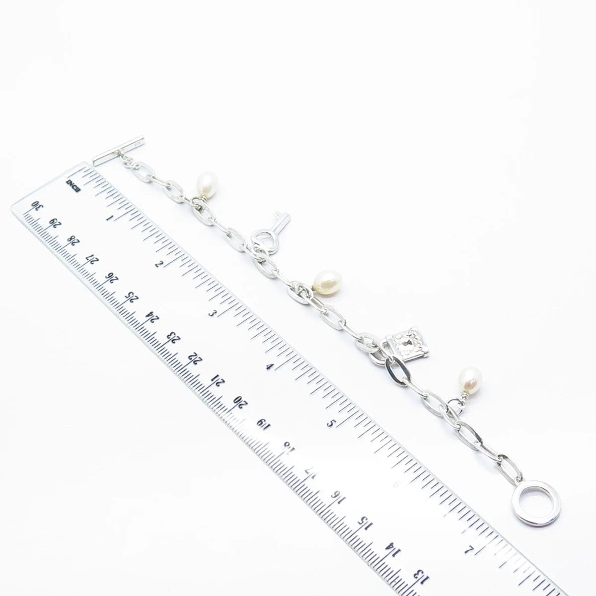 925 Sterling Silver Vintage Real Pearl Lock & Key Oval Link Bracelet 6.75"