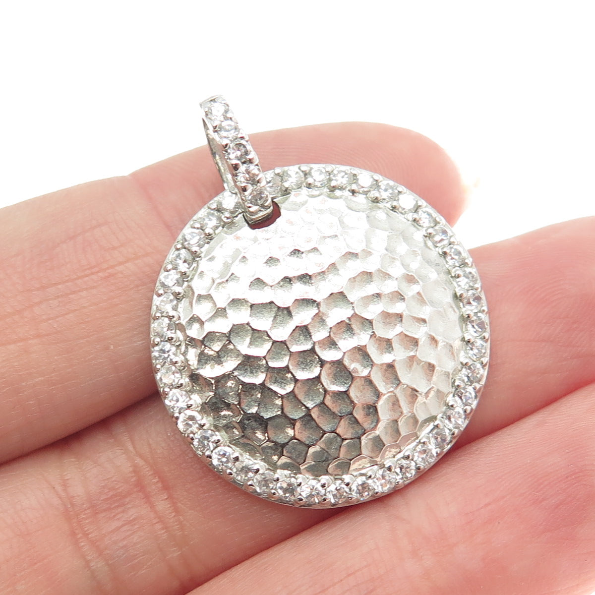 925 Sterling Silver Round-Cut C Z Hammered Circle of Life Pendant