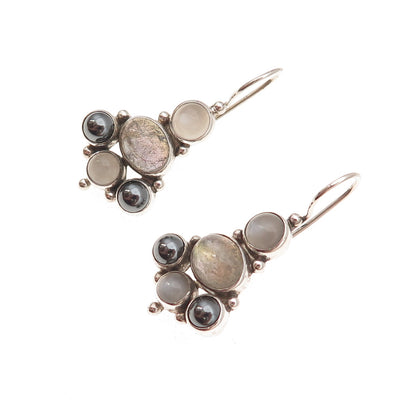 925 Sterling Silver Vintage Real Moonstone Labradorite Hematite Dangle Earrings