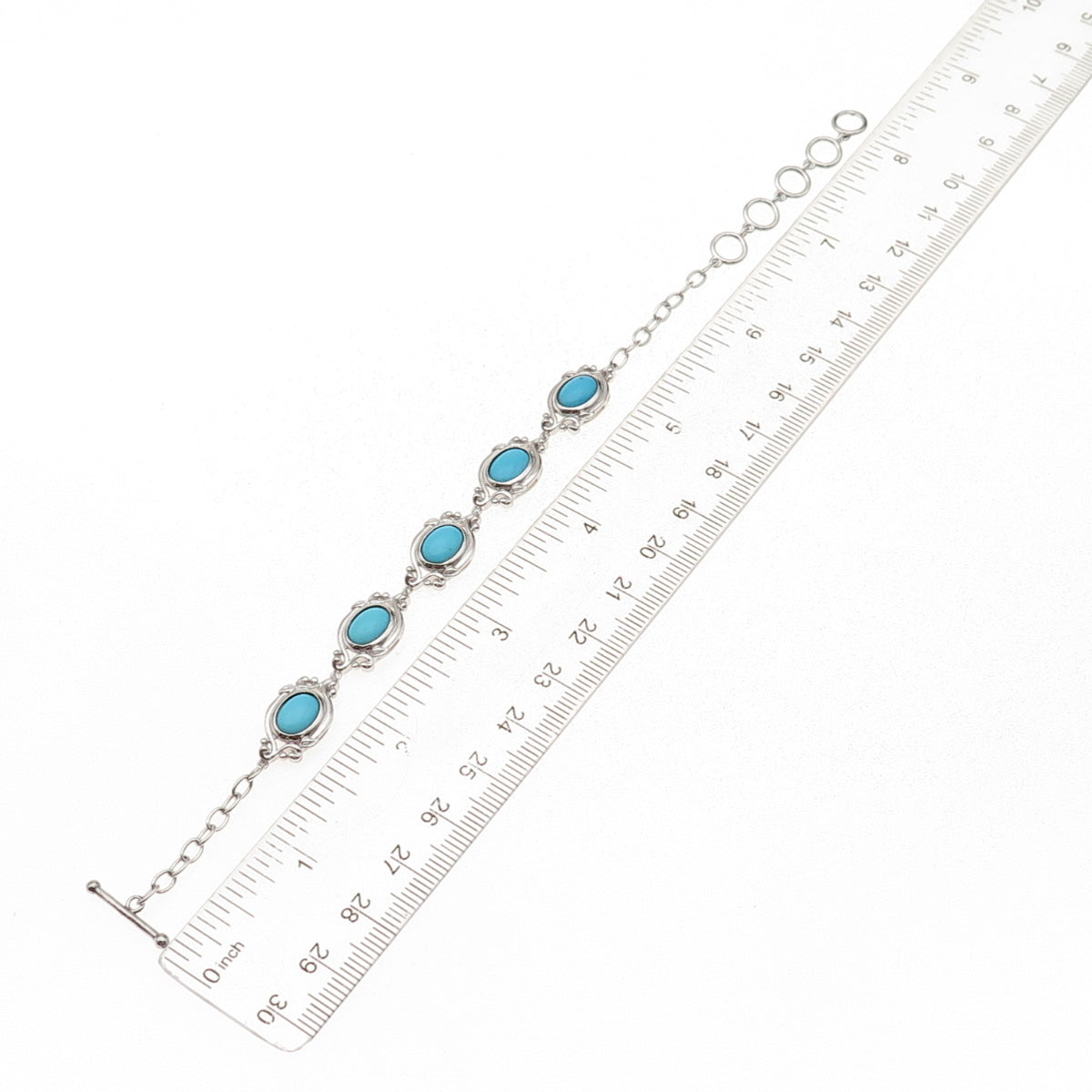 925 Sterling Silver Real Tyrone Turquoise Floral Bracelet 6.75-7.75"