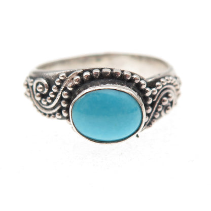 925 Sterling Silver Vintage Real Turquoise Granulated Oxidized Ring Size 8.25