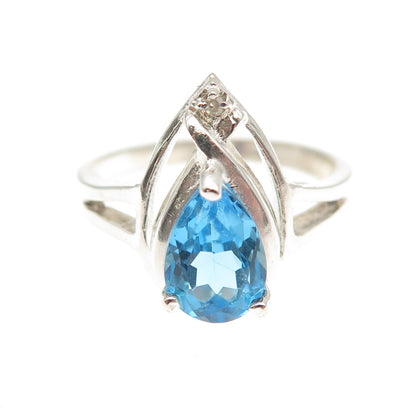 925 Sterling Silver Vintage Real Diamond Accent & Swiss Blue Topaz Ring Size 8