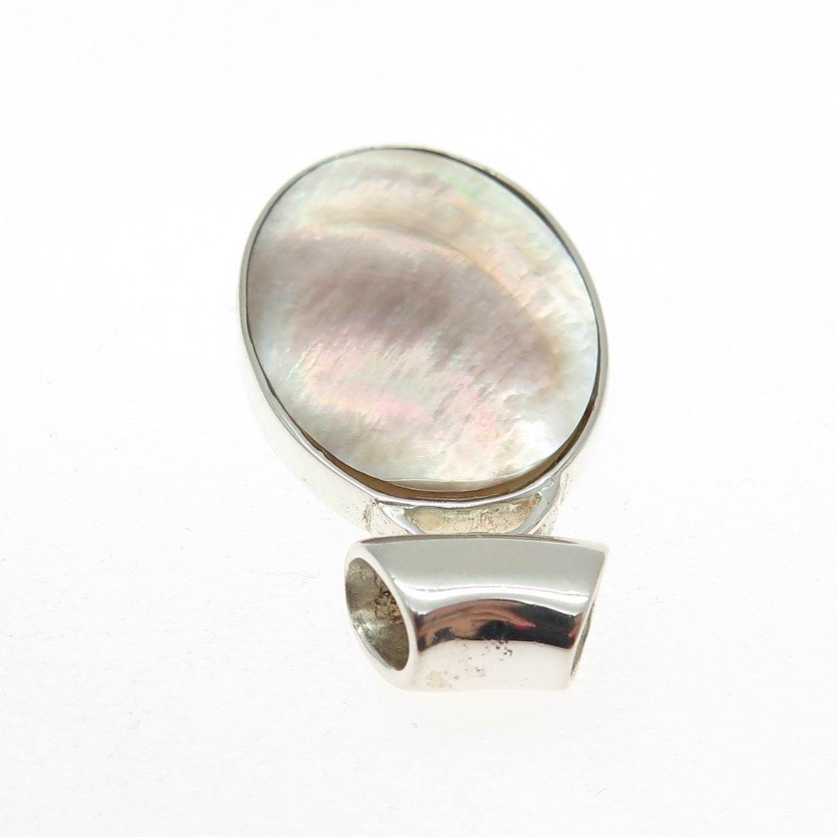 925 Sterling Silver Vintage Real Mother-of-Pearl Oval Slide Pendant