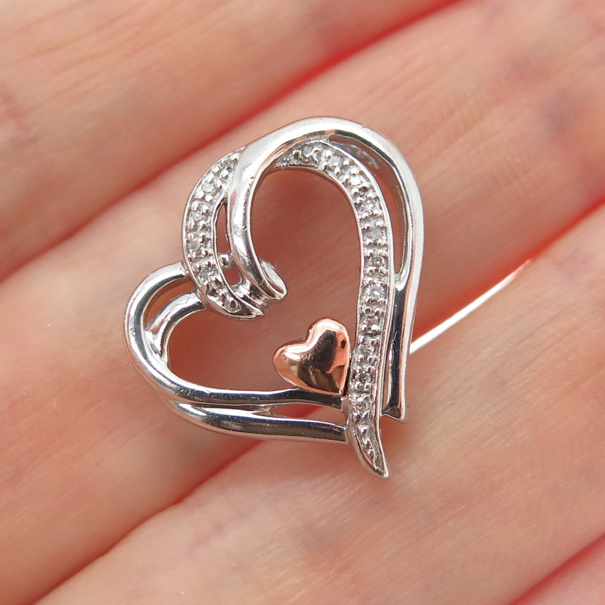 925 Sterling Silver & 14K Rose Gold Real Diamond Heart Minimalist Slide Pendant