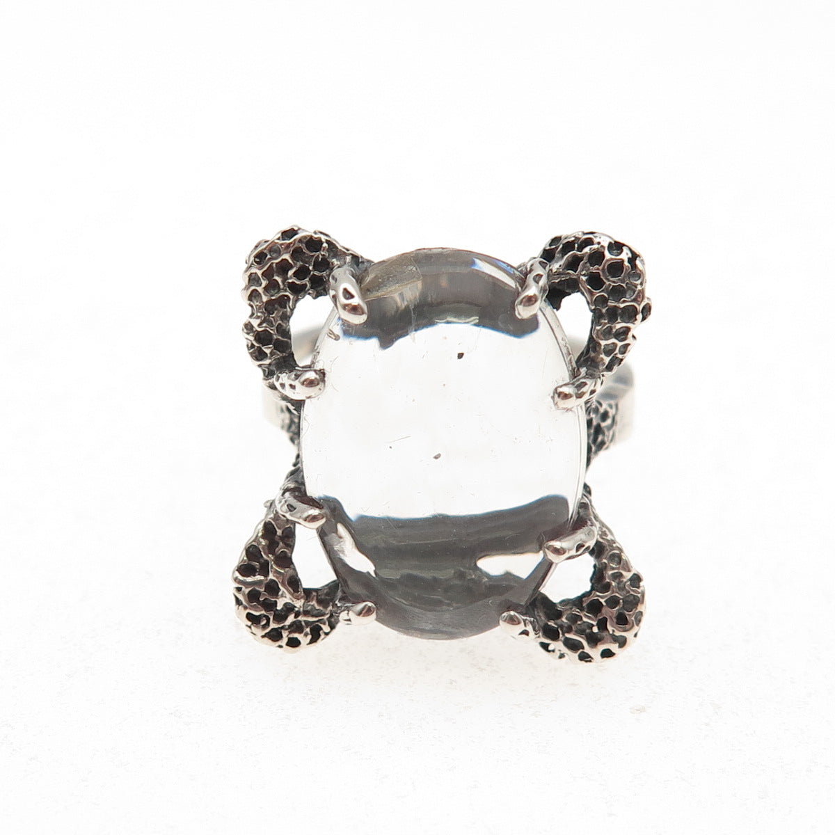 925 Sterling Silver Vintage Real Clear Quartz Modernist Oxidized Ring Size 5.5
