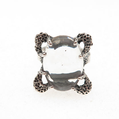 925 Sterling Silver Vintage Real Clear Quartz Modernist Oxidized Ring Size 5.5