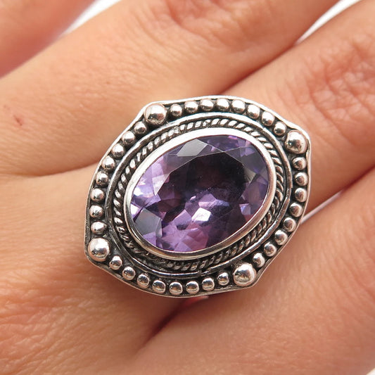 925 Sterling Silver Vintage Real Amethyst Gem Beaded Oval Ring Size 7.25