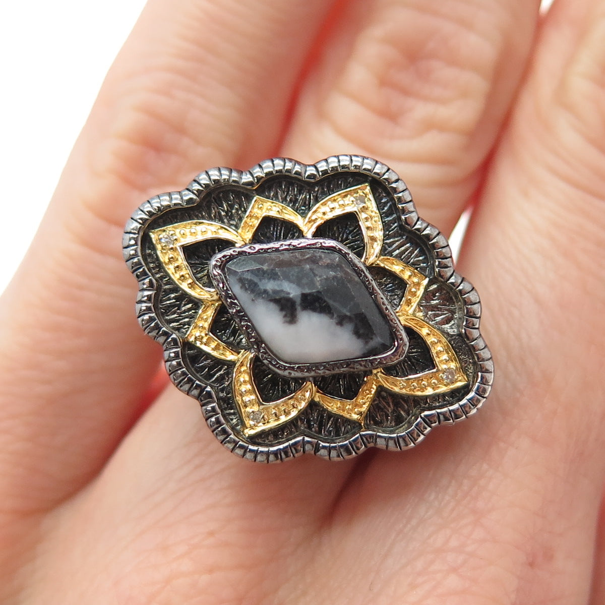 925 Sterling Silver 2-Tone Black Rhodium Vintage Diamond & Jasper Ring Size 5.25
