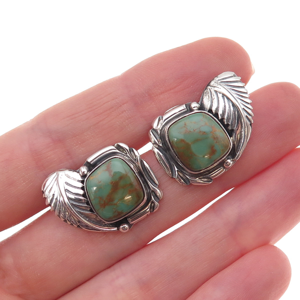 Old Pawn 925 Sterling Silver Vintage Royston Turquoise Feather Tribal Earrings