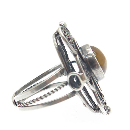 925 Sterling Silver Vintage Israel Tiger Eye Filigree Adjustable Ring Size 6.25