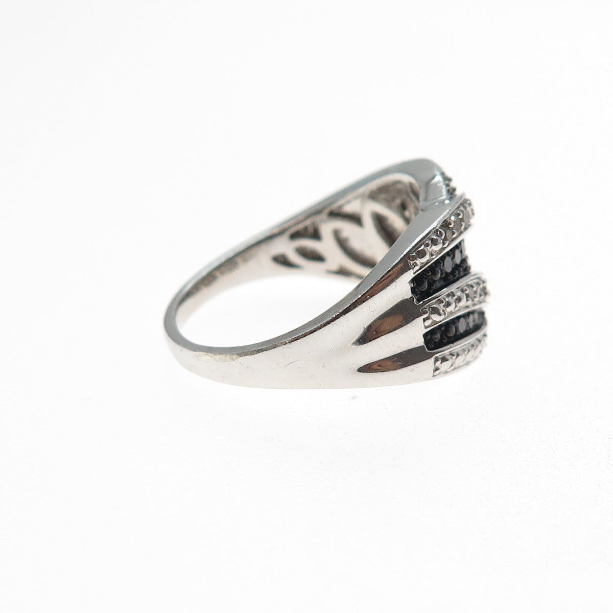 925 Sterling Silver Real Round-Cut Black & White Diamond Ring Size 7