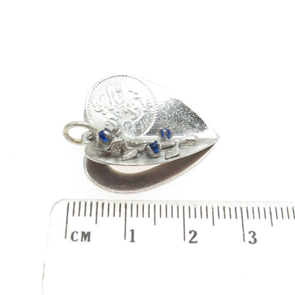 925 Sterling Silver Vintage Blue Glass "A Date to Remember" Heart Rose Pendant