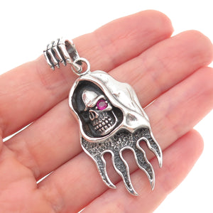925 Sterling Silver Vintage Real Ruby Santa Muerte Oxidized Charm Pendant