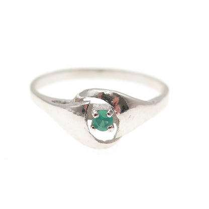 925 Sterling Silver Vintage Real Green Chalcedony Modernist Ring Size 7.25