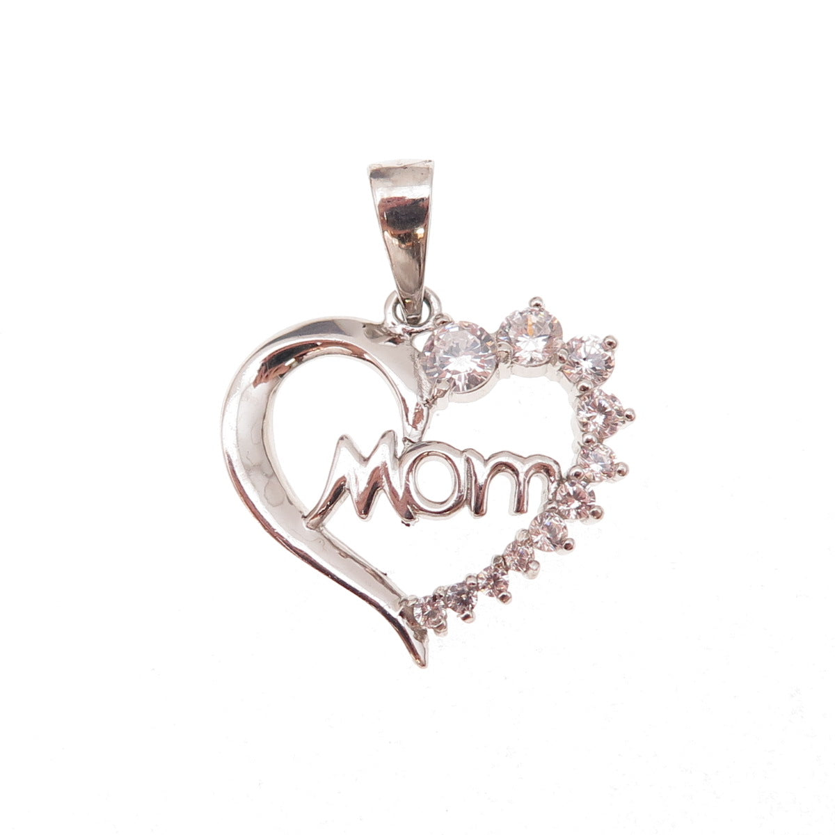 Han 925 Sterling Silver Round-Cut C Z Mom Heart Charm Pendant