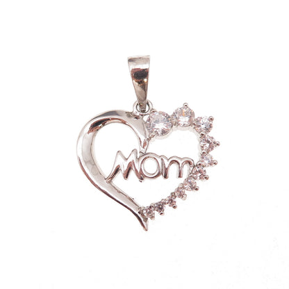 Han 925 Sterling Silver Round-Cut C Z Mom Heart Charm Pendant