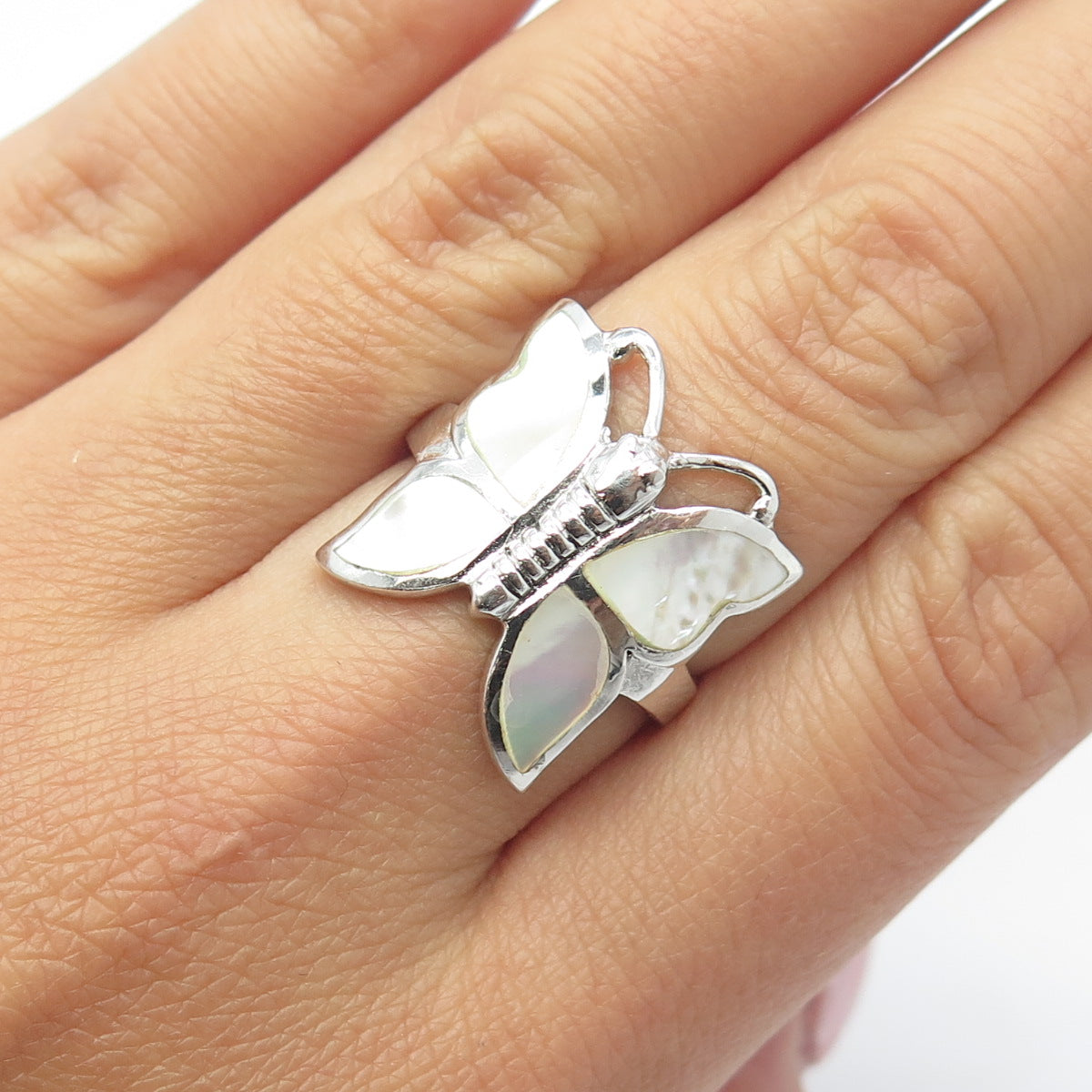 925 Sterling Silver Vintage Mother-of-Pearl Butterfly Ring Size 7.75