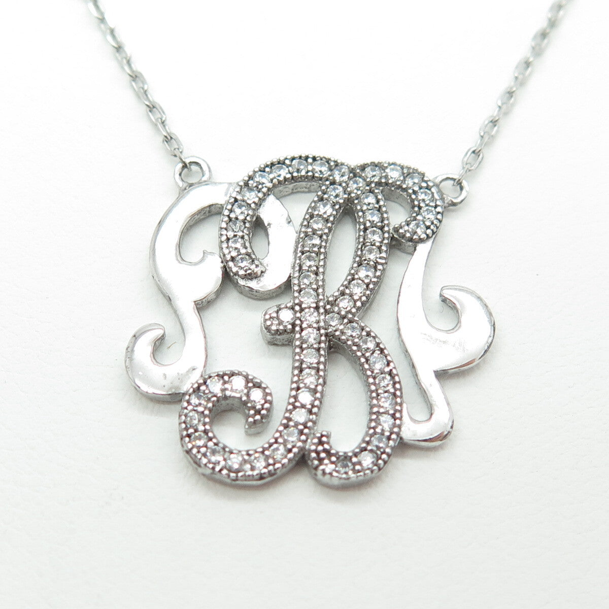 925 Sterling Silver Round-Cut C Z Letter "B" Ornate Cable Chain Necklace 16-18"