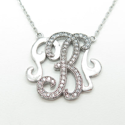 925 Sterling Silver Round-Cut C Z Letter "B" Ornate Cable Chain Necklace 16-18"