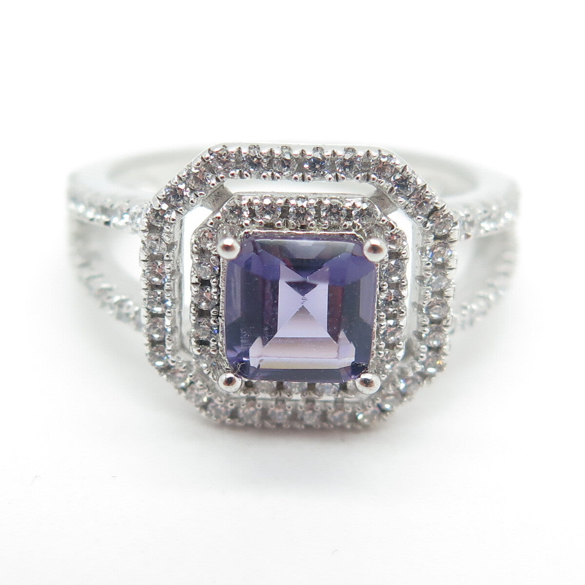 925 Sterling Silver Real Amethyst Gemstone & C Z Ring Size 7