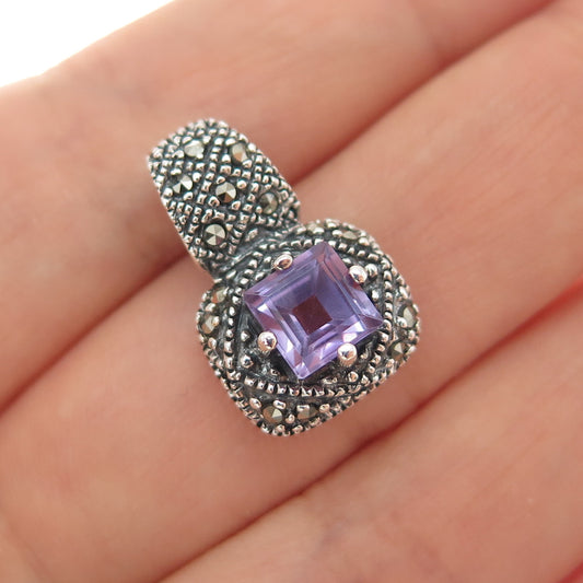 925 Sterling Silver Vintage Real Amethyst & Marcasite Minimalist Charm Pendant