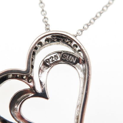 925 Sterling Silver Real Round-Cut Diamond Heart Cable Chain Necklace 18"