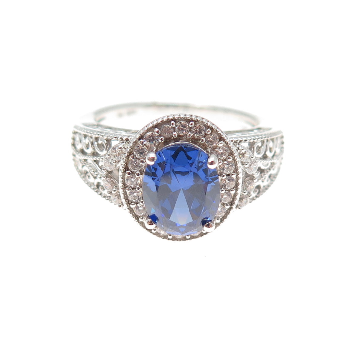 925 Sterling Silver Oval-Cut Blue & Round-Cut White C Z Ring Size 10.25