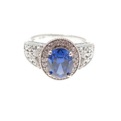 925 Sterling Silver Oval-Cut Blue & Round-Cut White C Z Ring Size 10.25