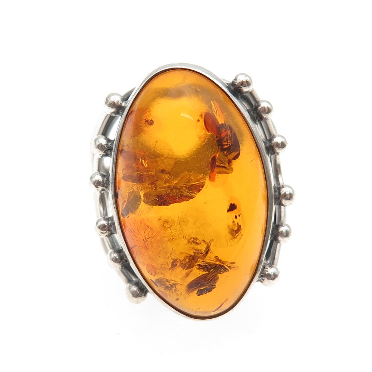 925 Sterling Silver Vintage Real Amber Modernist Oxidized Ring Size 6.75
