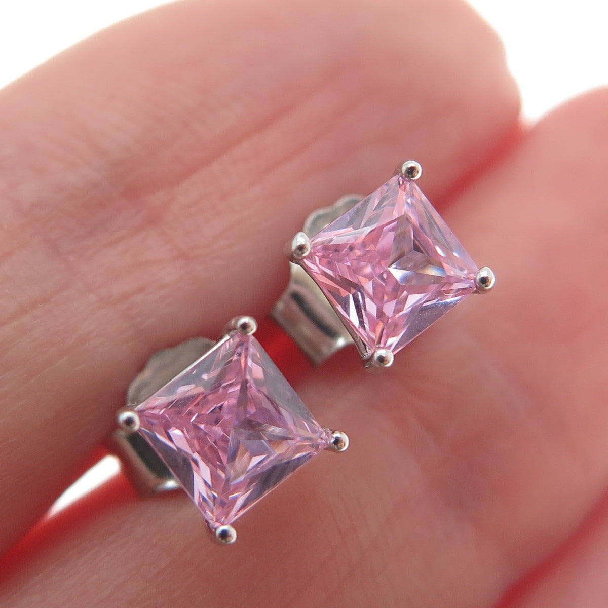 925 Sterling Silver Princess-Cut Pink C Z Stud Earrings