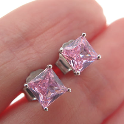 925 Sterling Silver Princess-Cut Pink C Z Stud Earrings