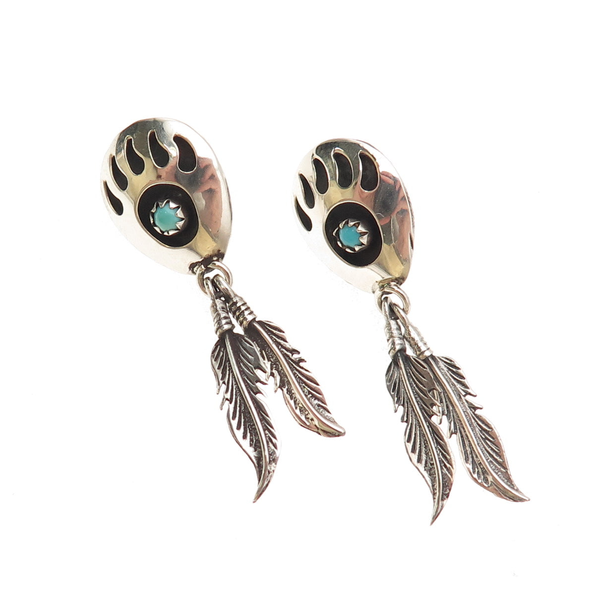 Old Pawn Sterling Silver Vintage Turquoise Snake Eye Bear Paw Feather Earrings