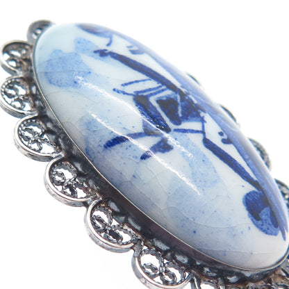DELFT 835 Silver Vintage Ceramic Old Mill Filigree Pin Brooch