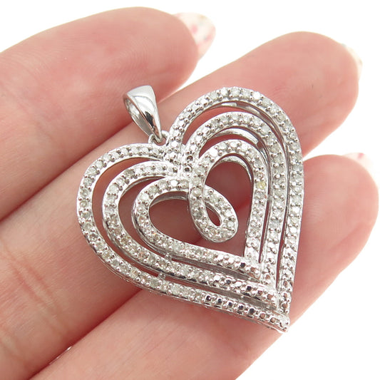 SUN 925 Sterling Silver Real Round-Cut Diamond Sparkle Heart Pendant