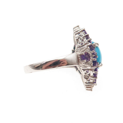 Chuck Clemency 925 Sterling Silver Real Turquoise & Amethyst Ring Size 8.25