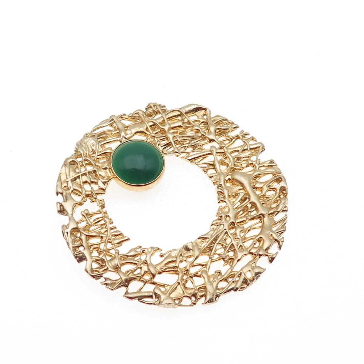 925 Sterling Gold Plated Vintage Real Green Onyx Modernist Crescent Pin Brooch