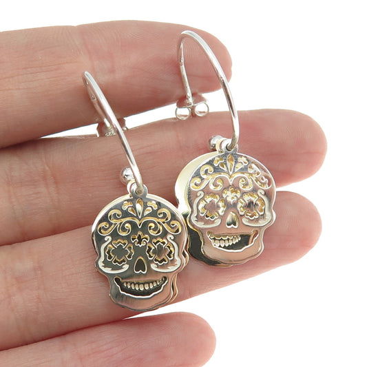 925 Sterling Silver 2-Tone Calavera Skull Dangling Charm Hoop Earrings