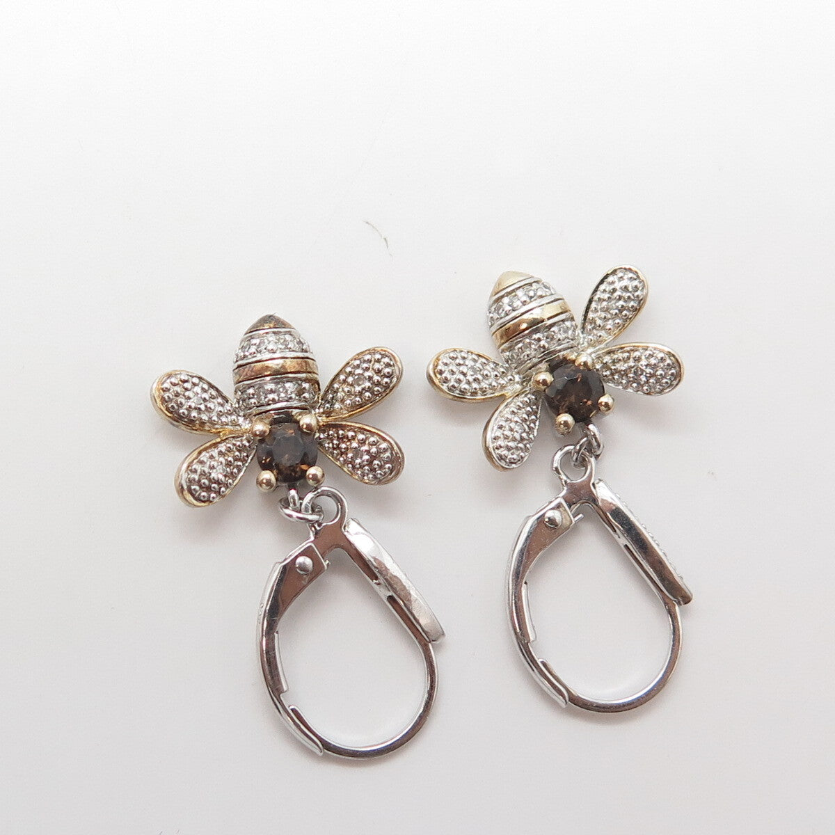 925 Sterling Silver Gold Plated White Diamond & Smoky Quartz Bee Drop Earrings