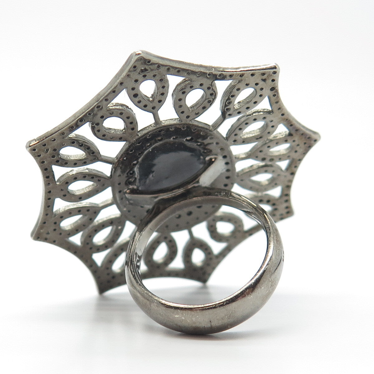 925 Sterling Silver Vintage Black Diamond & Green Tourmaline Gem Ring Size 7.75