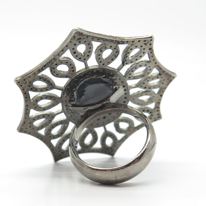 925 Sterling Silver Vintage Black Diamond & Green Tourmaline Gem Ring Size 7.75