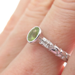 925 Sterling Silver SMK Real Round-Cut Diamond & Peridot Gem Ring Size 6.75