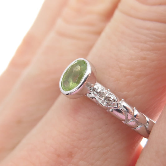 925 Sterling Silver SMK Real Round-Cut Diamond & Peridot Gem Ring Size 6.75