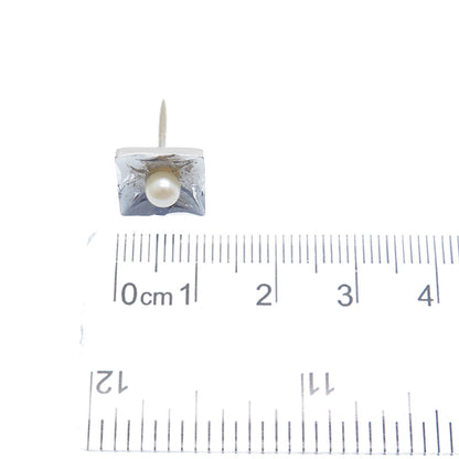 925 Sterling Silver Vintage Real Pearl Engraved Square Lapel Pin